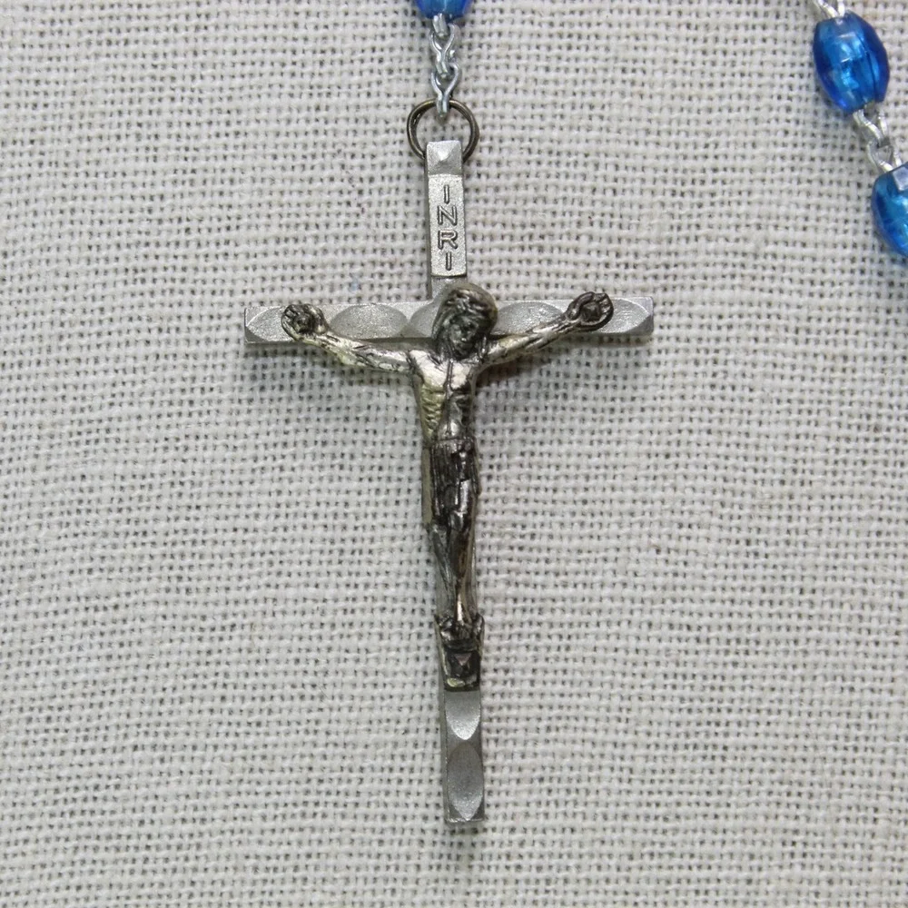 Vintage Rosary Blue Faceted Glass Bead Italy Crucifix Catholic Prayer Necklace